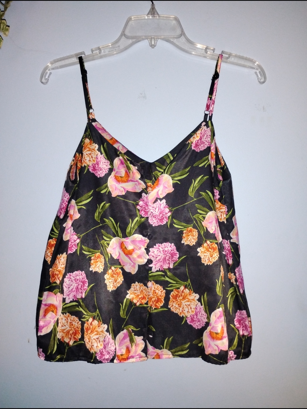 Floral V-Neck Spaghetti Strap Crop Top - Black with Pink & Orange Flowers